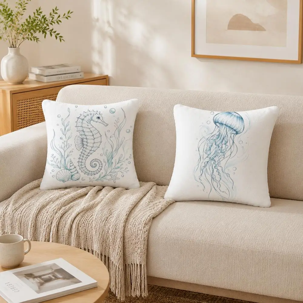Ocean Animals Seahorse Jellyfish Pillow Case Double-Sided Plush Sofa Cushion Covers Organic Breathable Invisible Zipper