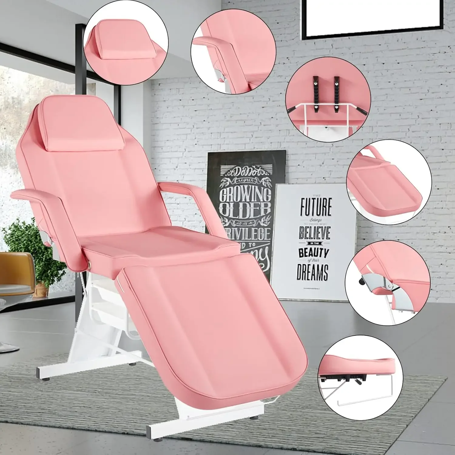 Chair Tattoo Chair 73inch Adjustable Facial Bed for Client Multipurpose Spa Chairs for Beauty Esthetician with Stool Pink