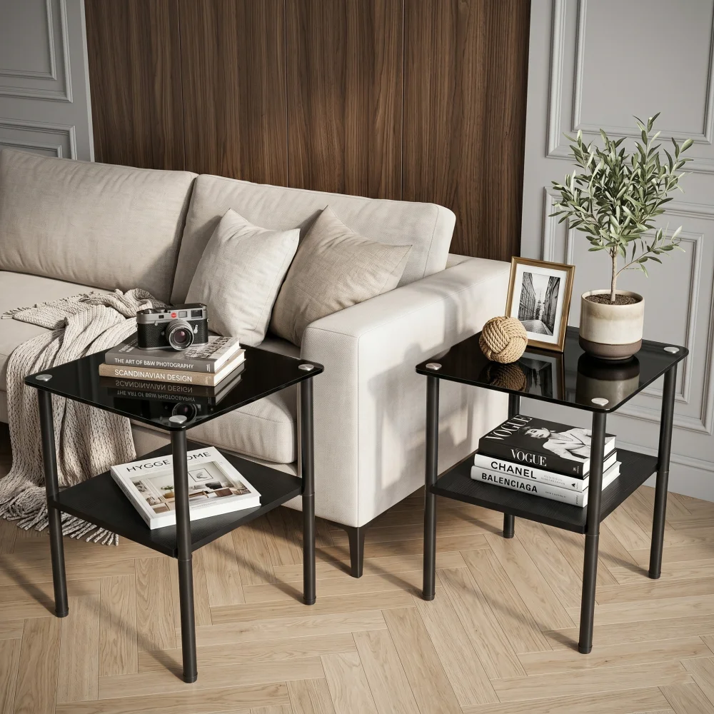 Modern Minimalist Rectangular Glass Side Table (Set of 2) — Features A Tempered Glass Tabletop, Easy-to-clean MDF Storage Shelf, and Metal Legs; Suitable As A Side Table for Sofas in The Living Room or Bedroom.
