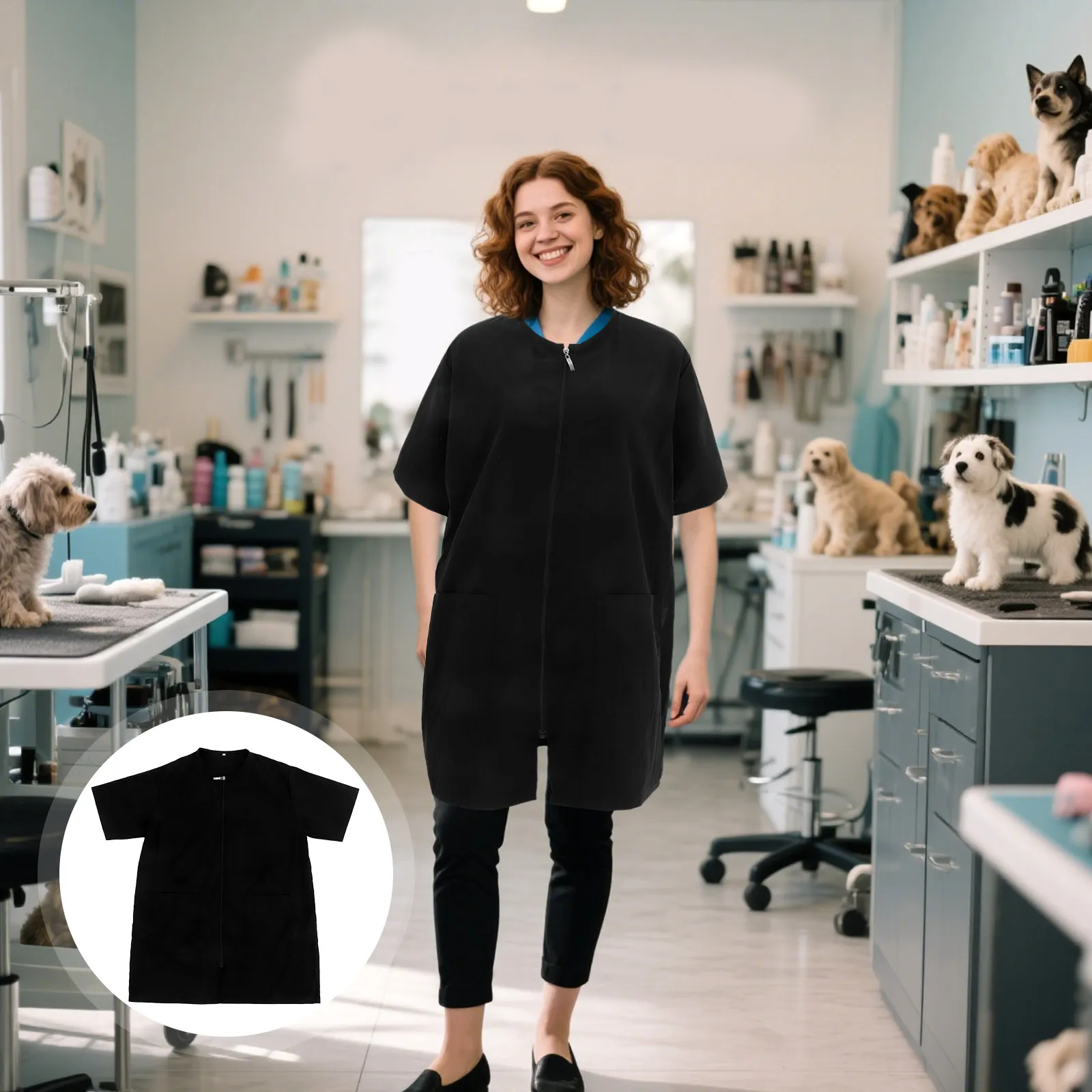 

Pet Grooming Apron Waterproof Anti-Static Full Zipper Short Sleeve M Professional Work Clothes Uniform For Salon Dog