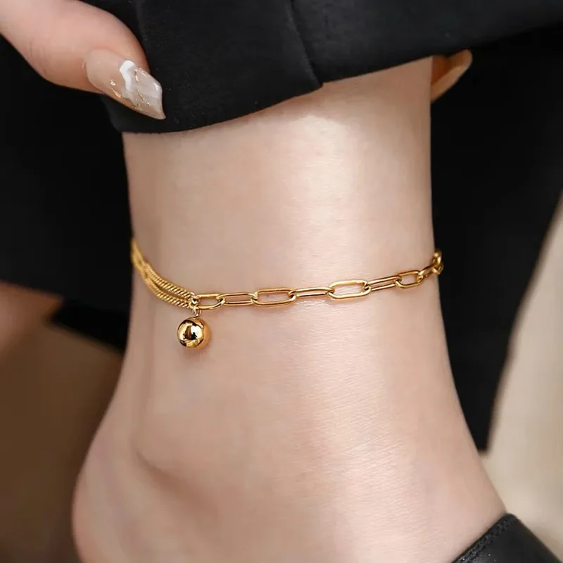 

A Delicate Geometric Bead Pendant Double Anklet for Men and Women Fashion Gold Colour Copper Jewellery Summer Party Accessories