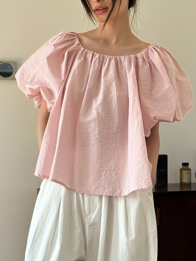 [LANMREM] Puff Sleeve Design Pullover Shirts For Women Round Neck Backless Loose Short Blouses 2024 Summer New Tops 26D9261