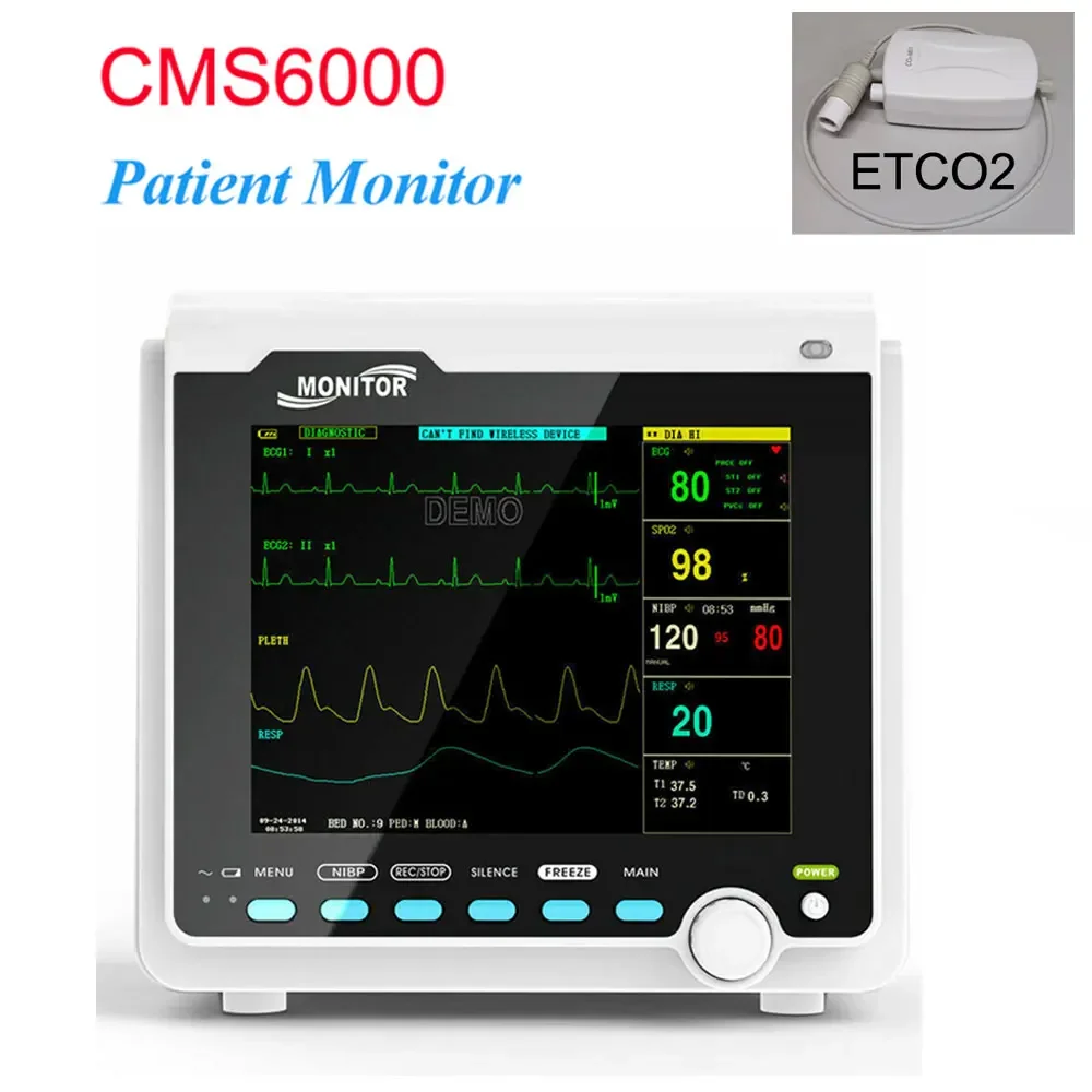 

CMS6000 Patient Vital Signs Monitor with ETCO2 Portable ICU 6 Parameter 8'' ECG NIBP SPO2 Resp PR TEMP Medical Machine