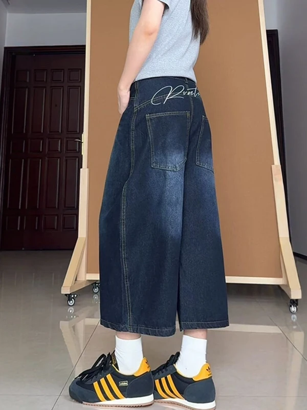 

Женские джинсовые шорты больших размеров с вышивкой в американском стиле, летние свободные джинсы с широкими штанинами, брюки-капри с высокой талией