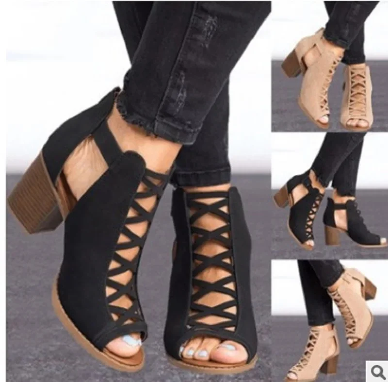 Wish2025, novedad de verano, Boca de pescado romana, sandalias con hebilla de talla grande 43, zapatos de estación independiente de tacón alto y tacón grueso