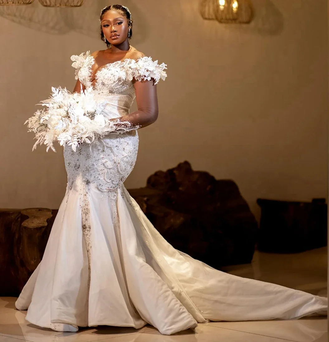 Customized Off the Shoulder Shinny Beads Crystals   Wedding Dress For Bride Vestidos De Novia Corset Back Garden  Bridal Gown