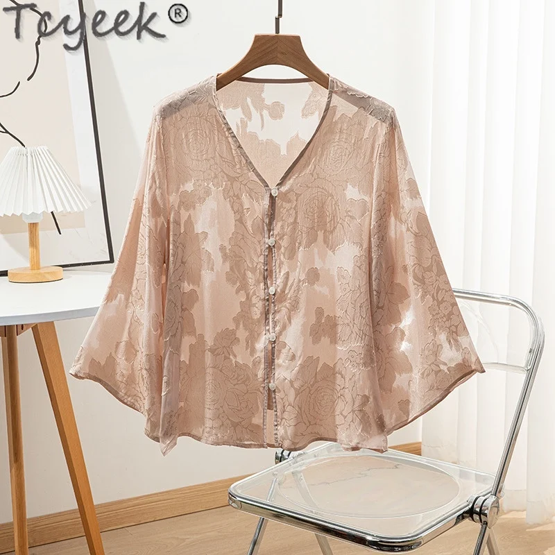 Tcyeek-camisa de seda de morera para mujer, ropa elegante de verano con cuello en V, Tops informales, 100%