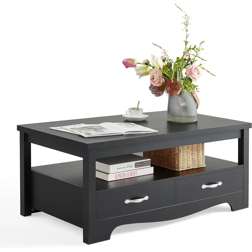 Coffee Table, Living Room Solid Wood Coffee Table with Storage Drawers, Contemporary Style, Coffee Table