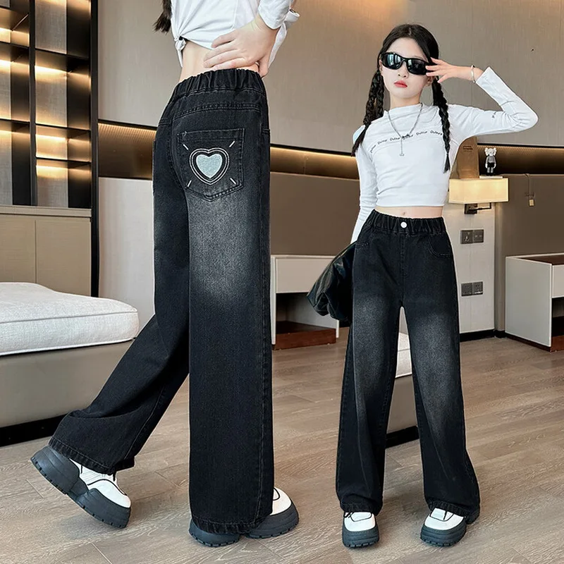 Girls School Wide Leg Pants with Pocket Heart Design Casual Loose 2025 Kids Fashion Long Jeans Children Korean Style Trousers