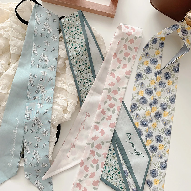 95cm Long Skinny Scarf for Women Narrow Ribbon Headband Female Neckerchief Floral Print Bag Band Bandana Hair Tie Accessories