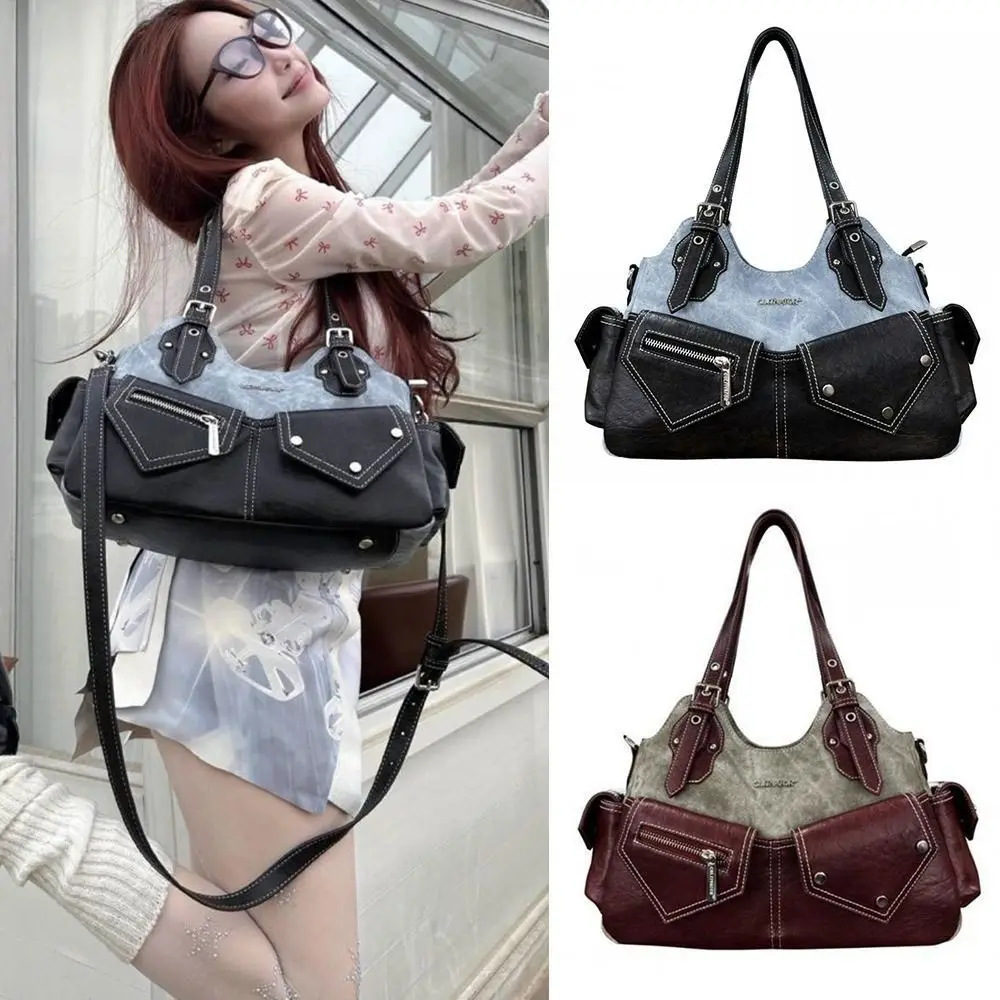 

PU Women's Shoulder Bag with Denim Patchwork Crossed Color Crossbody Bag Casual Design Large Capacity Armpit Handbag Streetwear