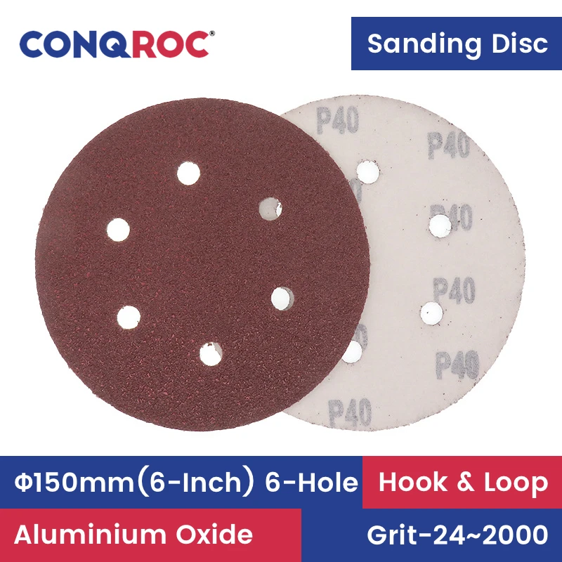 Sanding Discs 150mm(6-Inch) 6-Hole Aluminum Oxide Dry Sanding Papers Hook and Loop 25-Piece Grit 24~2000