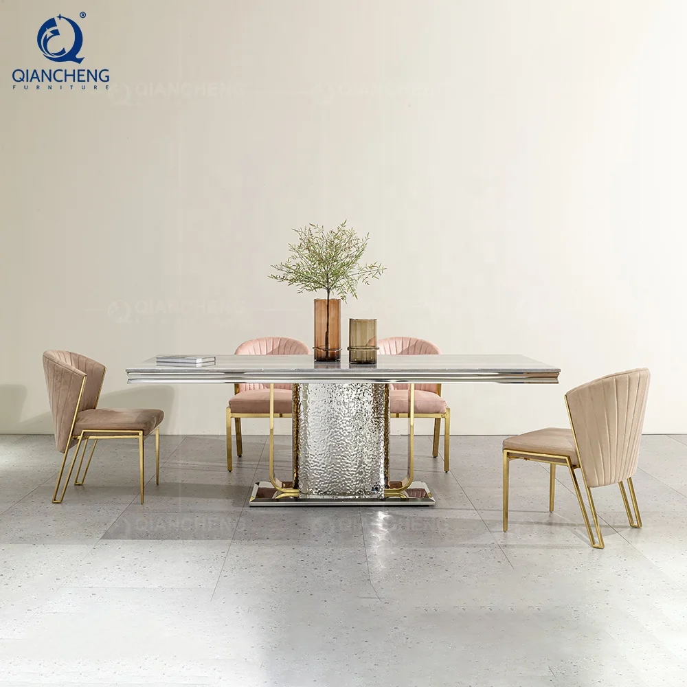 55 inch marble dining table modern furniture manufacturer exporting sparkly gold and silver mirrored SS dining table