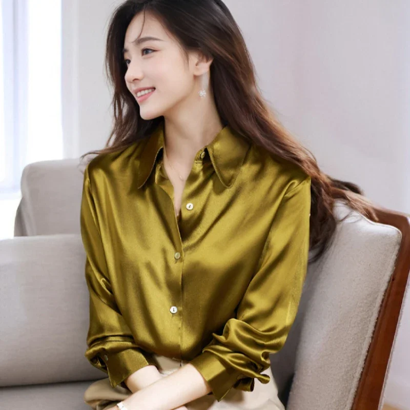 High Quality Silk Satin Women\'s Shirt Office Ladies Long Sleeve Blouses Polo Neck Gold shirt Button Luxury Casual women tops