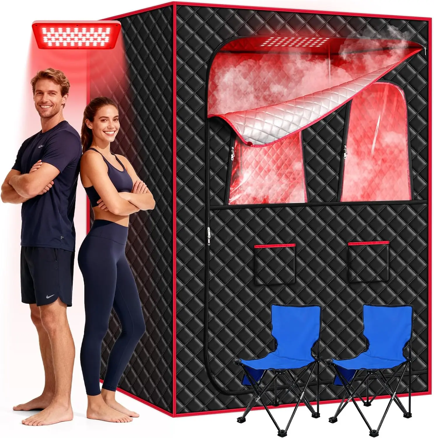 Portable Steam Sauna 2 Person Red Light Therapy, Full Body for Home | 2 steamer & 2 folding chairs included | 660nm red light