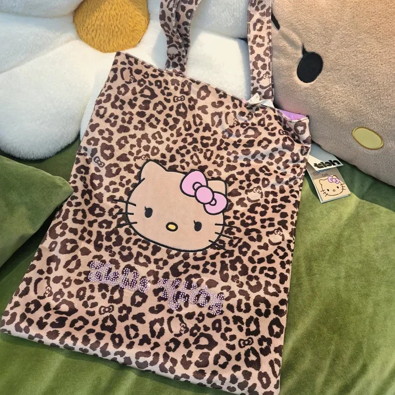 Hello Kitty Black Face Cotton Tote Bag With Rhinestone Decor Large Capacity Canvas Shoulder Bag For Women Shopping Beach