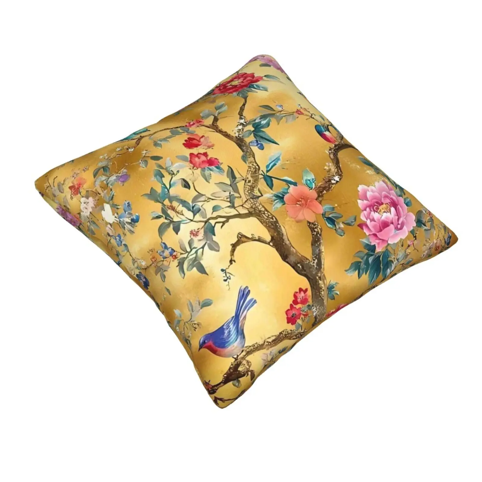 1 Vintage Chinese Flower and Bird Design Pillowcase, Polyester, Zipper Opening, Square Size, Elegant Decorative Pillowcase, Suit