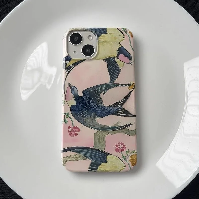 Funda de teléfono con diseño floral y golondrina de estilo chino tradicional para iPhone 16 15 14 11 12 13 Pro Max Plus contraportada