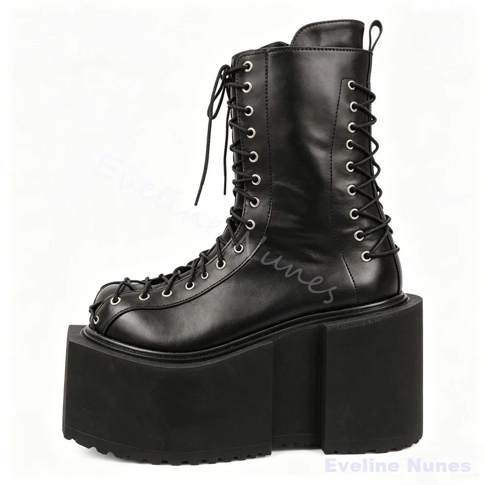 Gothic Men Super High Platform Mid Calf Boots Black PU Leather Front & Back Lace‑Up Cosplay Boots Punk Ladies Monster Boots