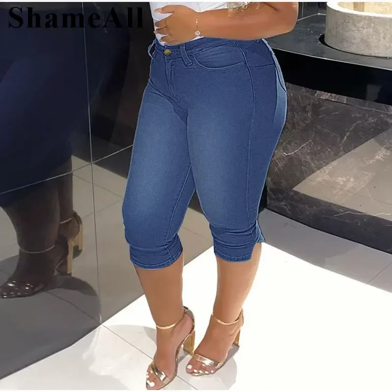 Plus Size Vintage Mittelblau Dehnbar Skinny Knielang Distressed Mom Jeans Reithose Denim Jeggings Hose 3/4 Leggings Capris 5XL