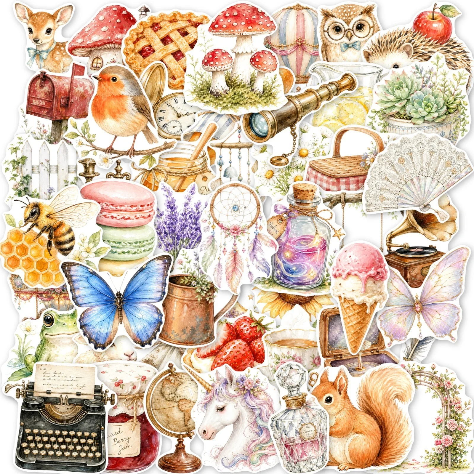 50Pcs Vintage Watercolor Rural Mix Stickers Forest Animal Butterfly Mushroom Dessert Waterproof Decals for Notebook Stationery