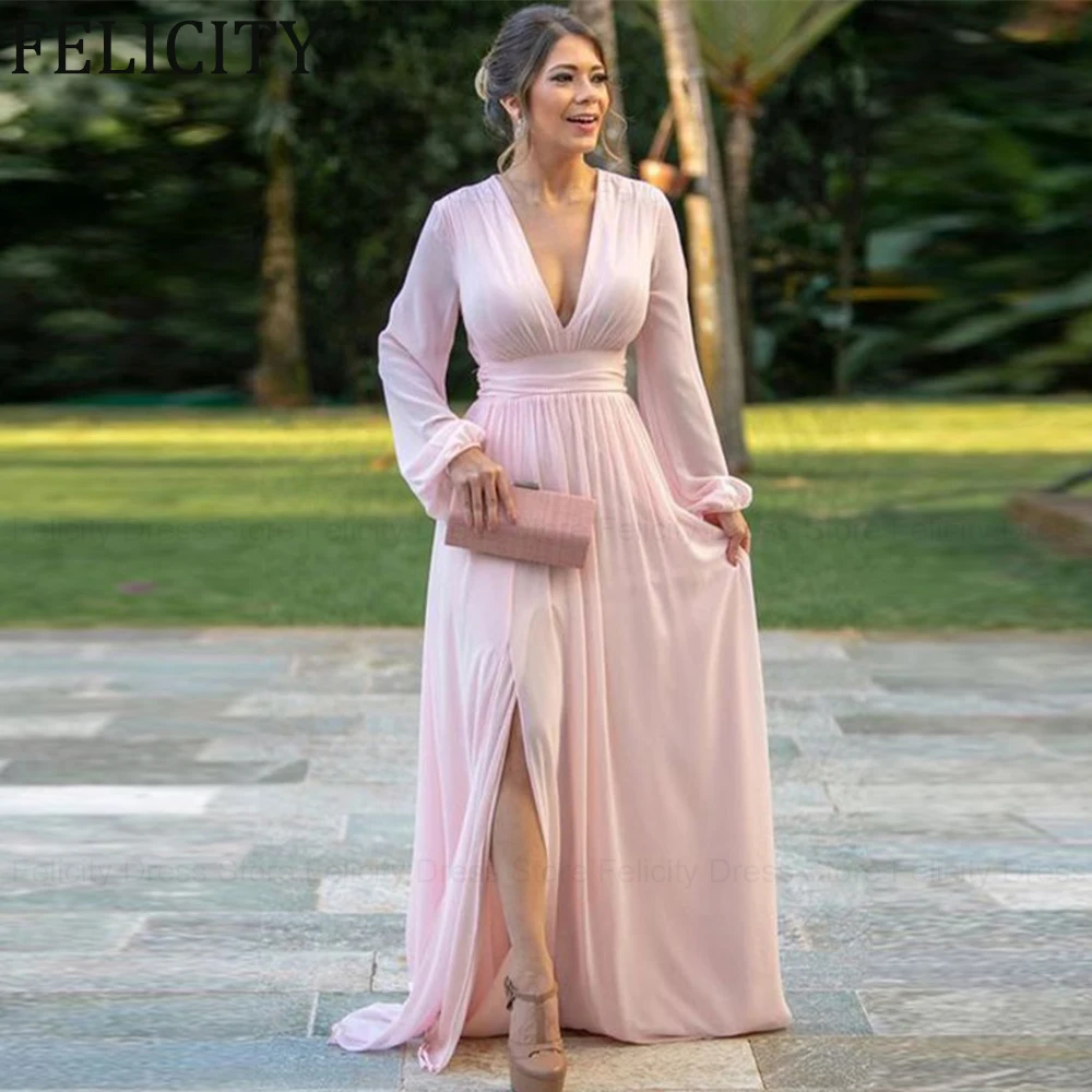 

Simple Mother of the Bride Dress 2024 A-Line V-neck Formal Wedding Guest Dresses Long Sleeve Chiffon Sweep Train Evening Gowns