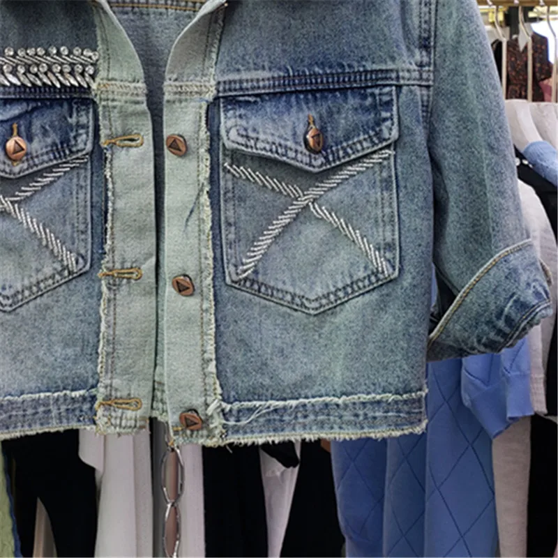 Vintage zwaar werk diamanten grote zak denim jasje dames slanke korte cowboy bovenkleding driekwart mouw jeans jas vrouwelijk