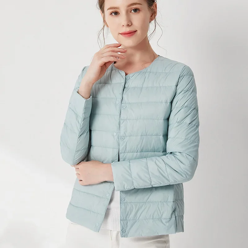 2025 New Women Liner Duck Down Jacket O-neck Variable V-neck Female Fall Spring Autume Collarless Light Quilted Puffer Coat