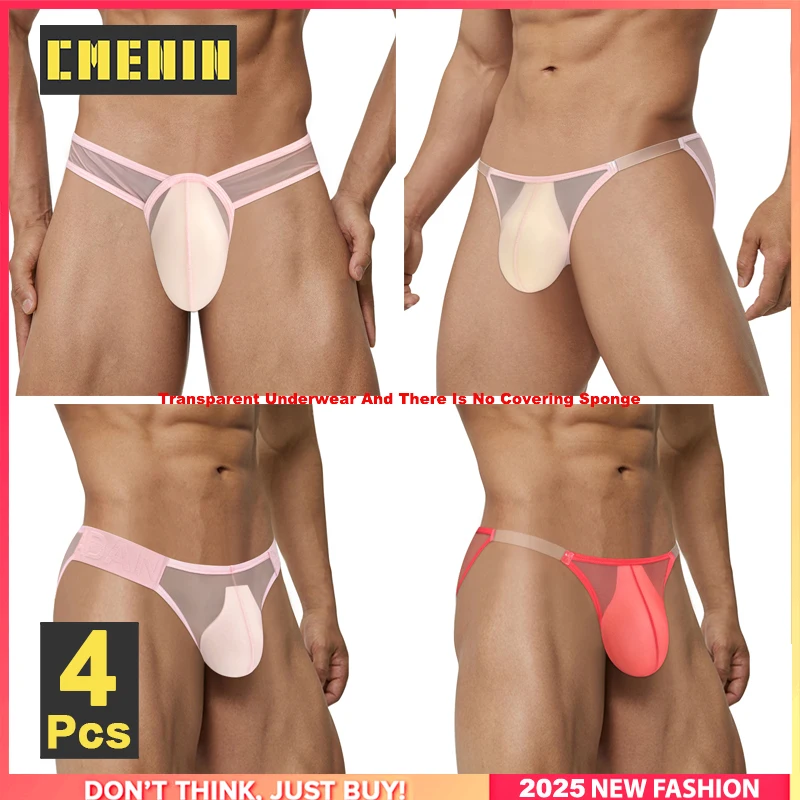 Cmenin 4 pçs sexy roupa interior masculina malha transparente cuecas masculinas ultra-fino respirável gays homem biquíni breve troncos