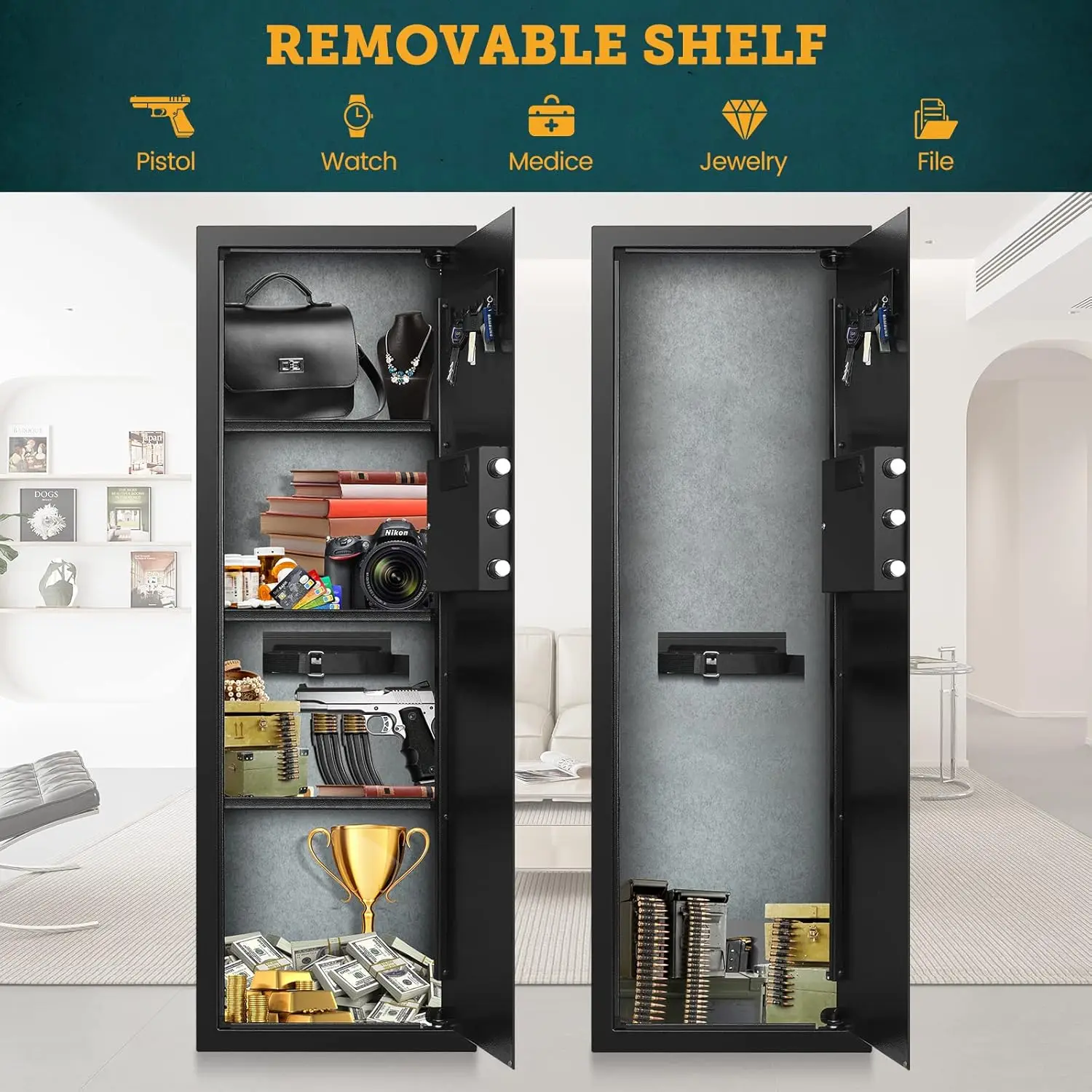 43.5" Tall Fireproof Wall Safe Between Stud, Heavy Duty Flush In Wall Safe With Digital Keypad & Removable Shelf, Hidden Gun Saf