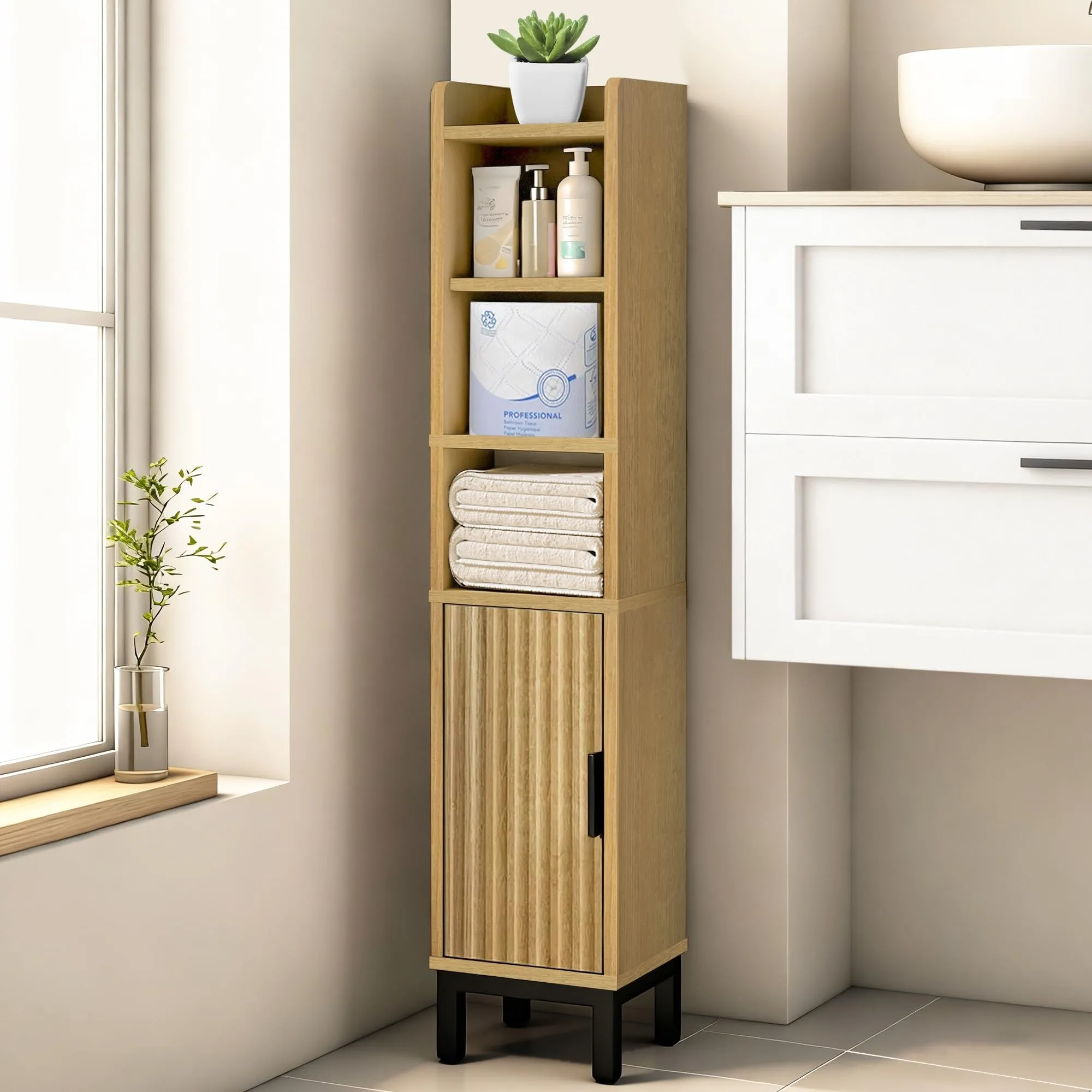 5‑Tier Corner Toilet Paper Storage Cabinet, Freestanding Bathroom Organizer With Door and Adjustable Shelf For Small Spaces