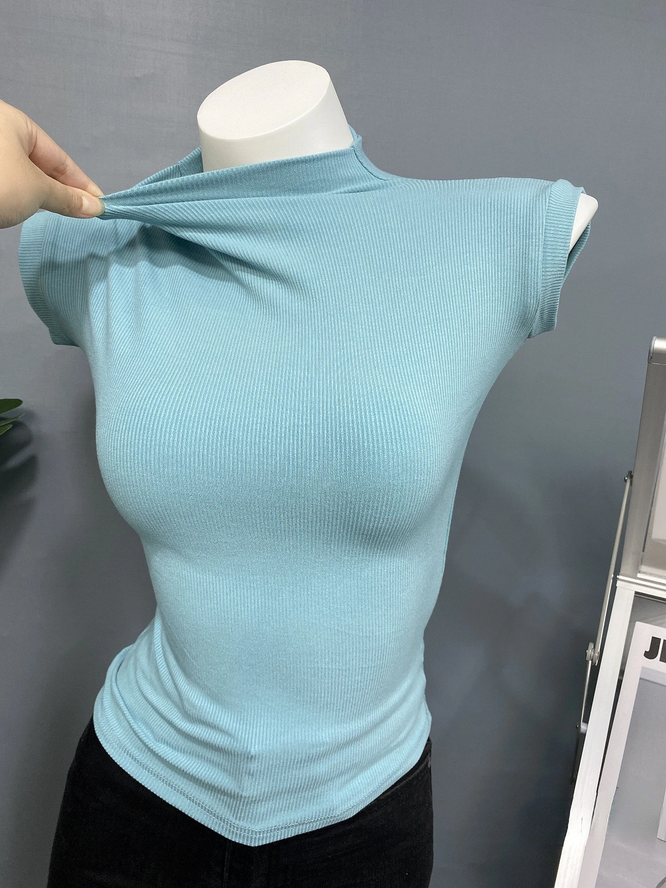 

Solid Sleeveless Knitted Women T-Shirts Summer Turtleneck Elastic Elegant Female Pulls Tops Tees