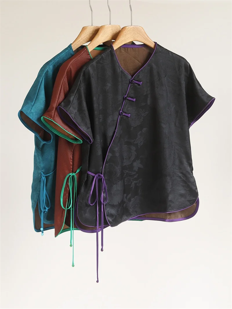 

Модный шелковый топ с цветными блоками и коротким рукавом, женский элегантный жакет с воротником, прямого кроя, в стиле ретро, с принтом, с поясом, новинка