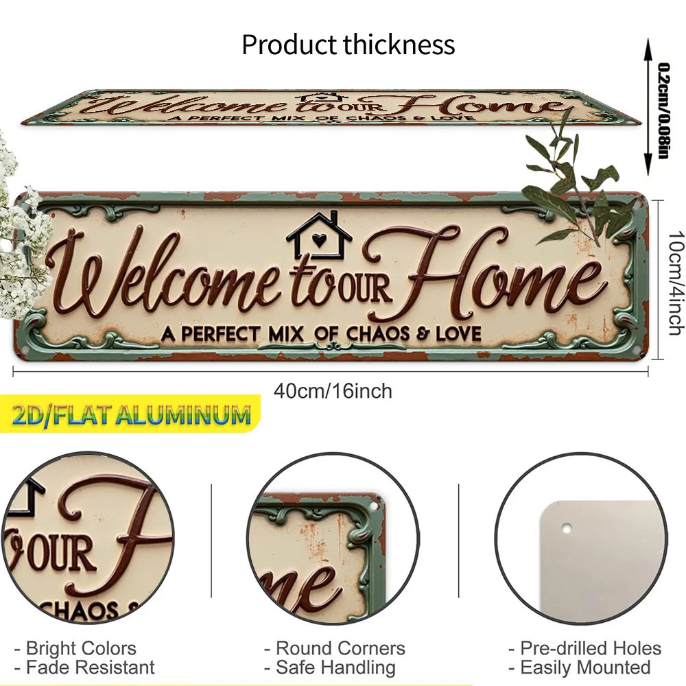 2D Flat, 1pc 2D Flat Whimsical Family Love Shack Vintage Finish Textured Metal Sign - Elegant Floral Design with Playful Saying view 2