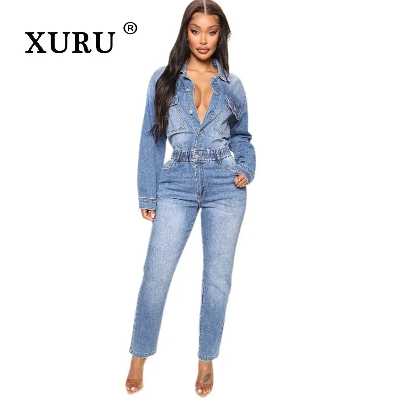 

XURU-Women's Sexy Slim Fit Jeans, Washed Denim Jumpsuit, Small Cuffs, New, N7-3539