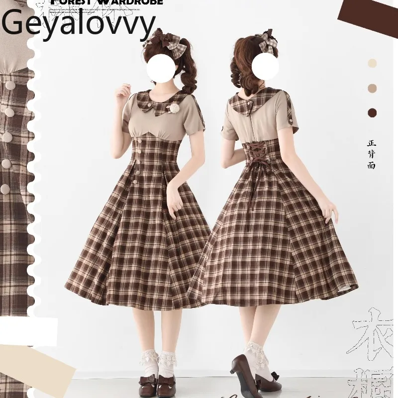 

Original Retro Plaid Patchwork High Waist Dress Summer New Turn-Down Collar Versatile Sweet Short Sleeve Mid-Length Dresses