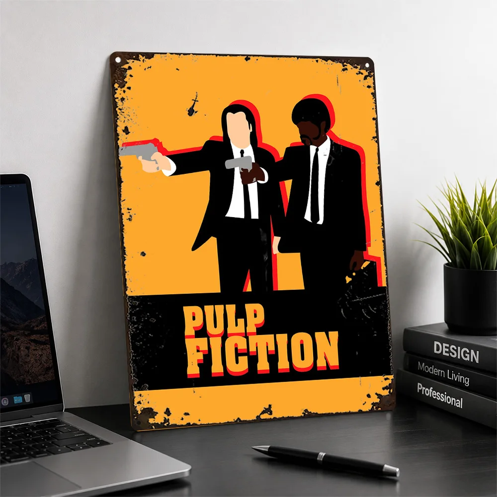 Pulp Fiction Gunman Duo Printed Poster Minimalist Wall Art For Home Theater Personalized Aluminum Metal Sign Film Lover Gift