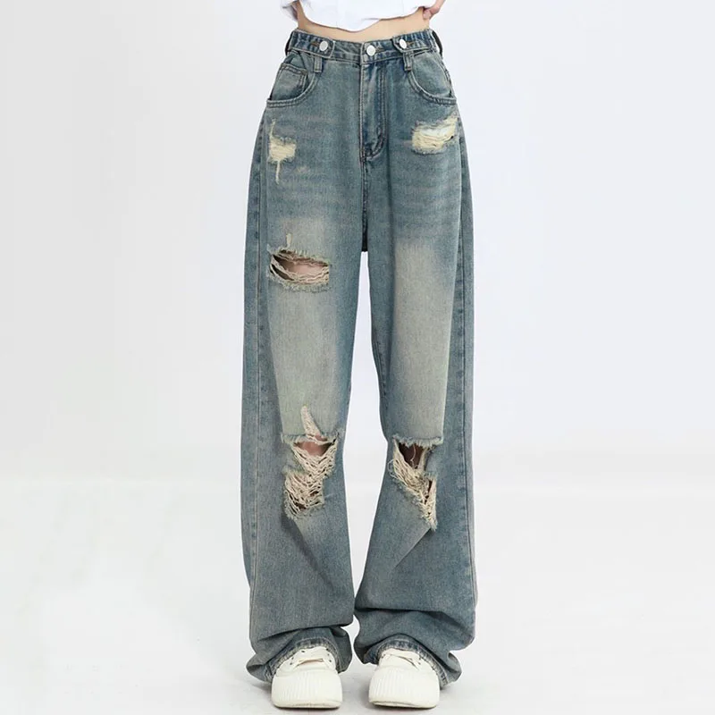 2025 New Vintage Ripped Spring Summer Jeans Women High Waist Straight Leg Loose Design Sense High Street Wide Leg Mop Pants H302