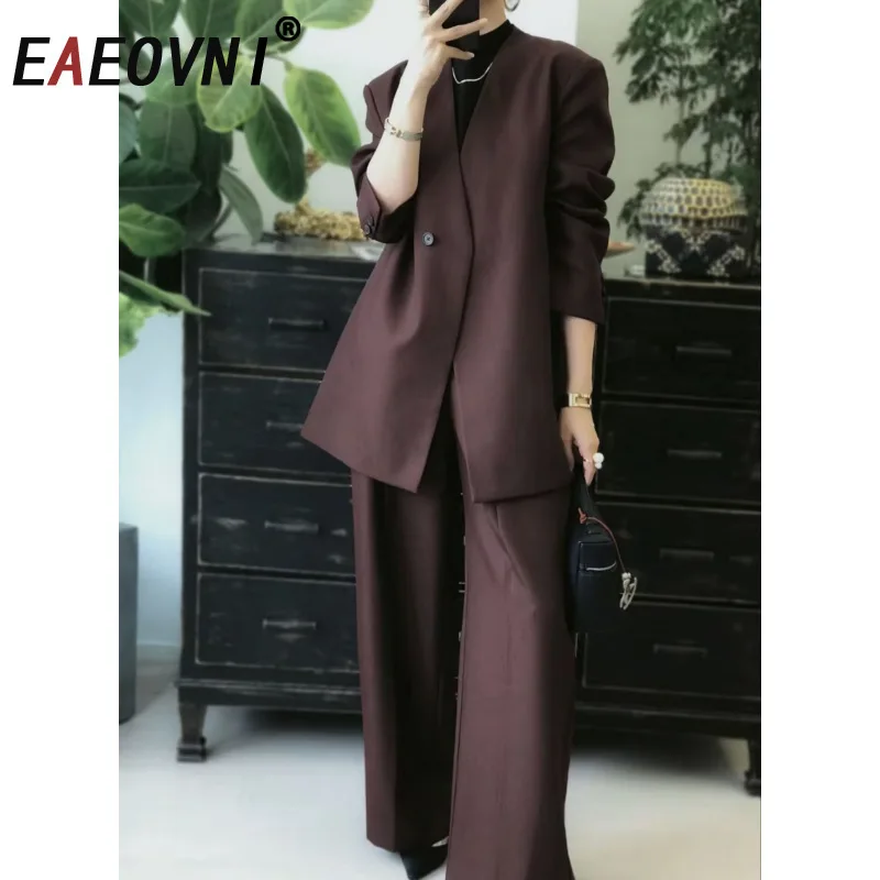 

EAEOVNI Fashion Red Women Two Piece Set V Neck Double Button Blazer Coat + Long Pants Office Lady Elegant 2025 New Clothing