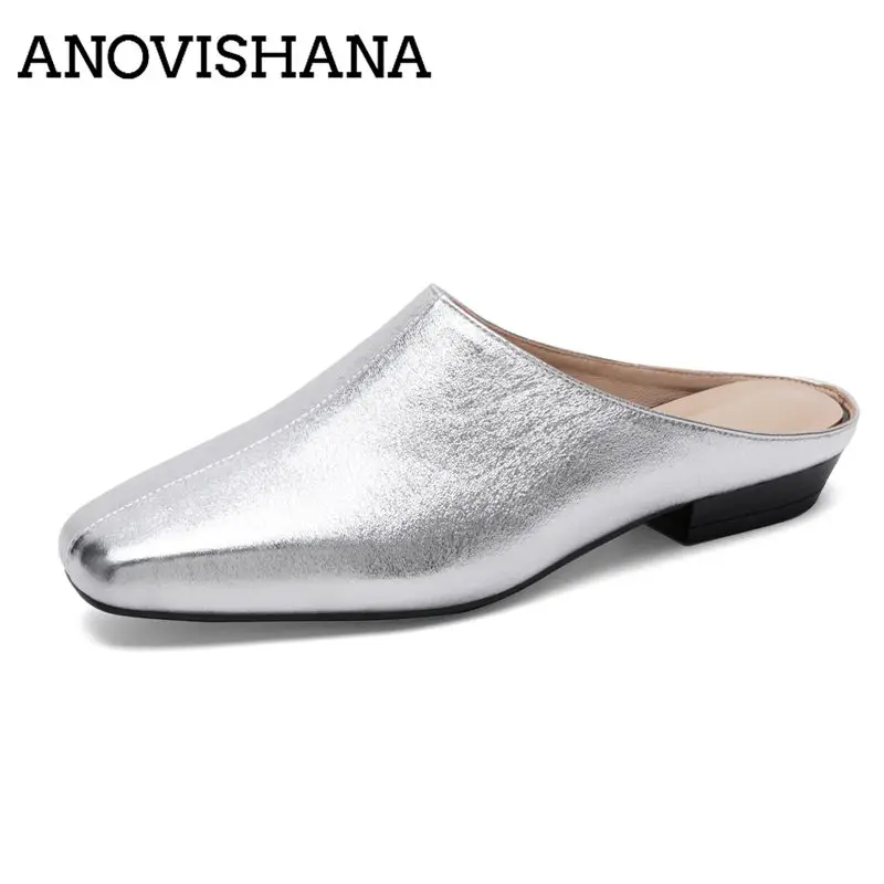 ANOVISHANA Apricot Genuine Leather Women Sandals Round Toe Buckle Strap Mixed Color Large Size 41 42 43 Soft Leisure Daily Shoes