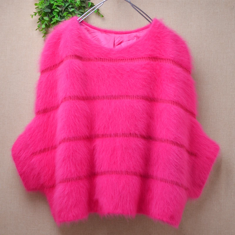 Ladies Women Autumn Winter Clothing Pull Rose Hairy Mink Cashmere knitted Pull Rose O-Neck Short Sleeves Loose Pullover Sweater