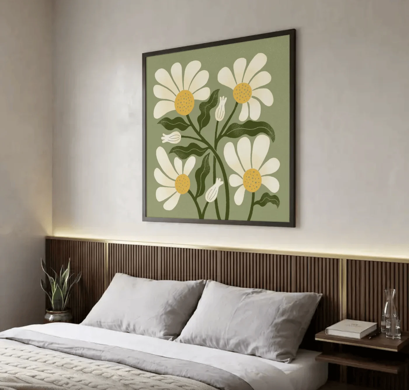 Sage Green Daisy Wall Art Canvas Prints, Minimalist Floral Posters, Boho Botanical Decor for Living Room Bedroom Wall Decor