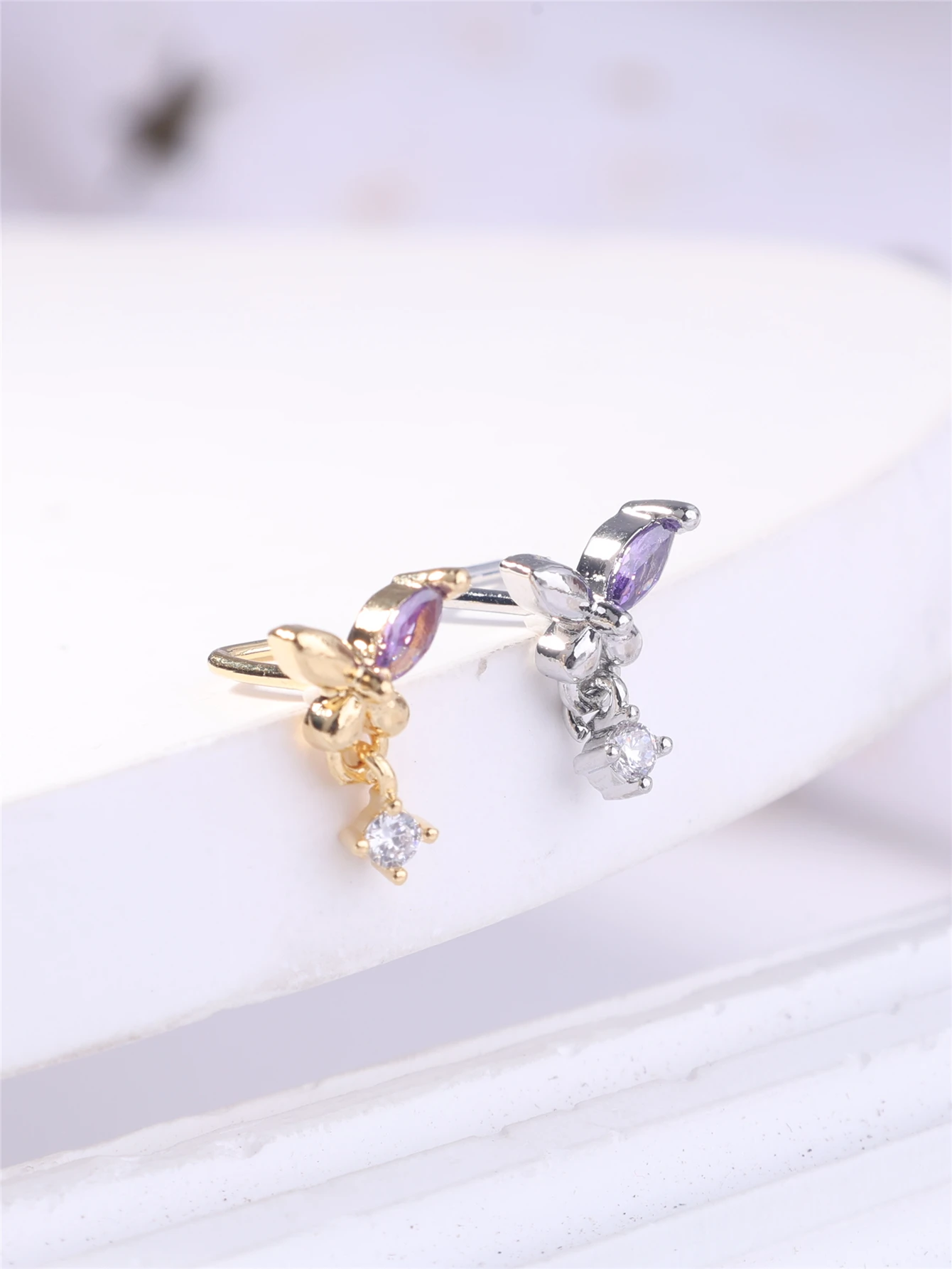 20G L Shaped Dangle Nose Studs CZ Cute Butterfly Design Gold Silver Color Dangling Nose Piercing for Women Girl Nostril Jewelry