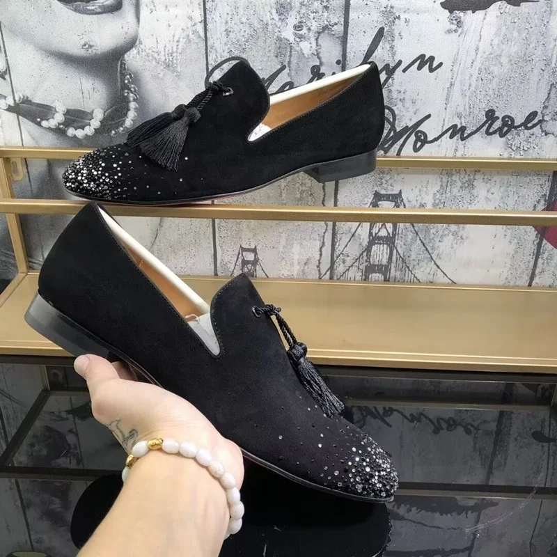 New Black Suede Shoes Men Rhinestone Loafers Luxury Tassel Shoes Handmade Slip On Dress Shoes Men's Party And Wedding Shoes