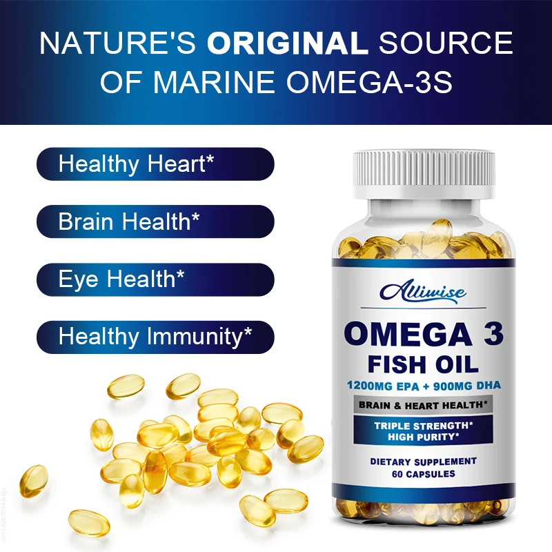 Alliwise Omega 3 Fish Oil Capsules Rich In DHA EPA For Anti-aging Skin Protects Eyes Heart Brain Health Support Immune System