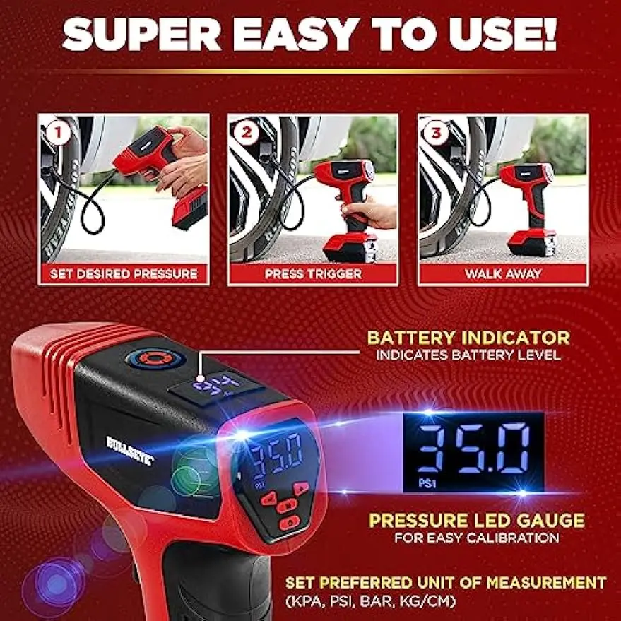 Portable Air Compressor for Car Tires, 150PSI Rechargeable with Auto Shut Off, LED Screen & Lights