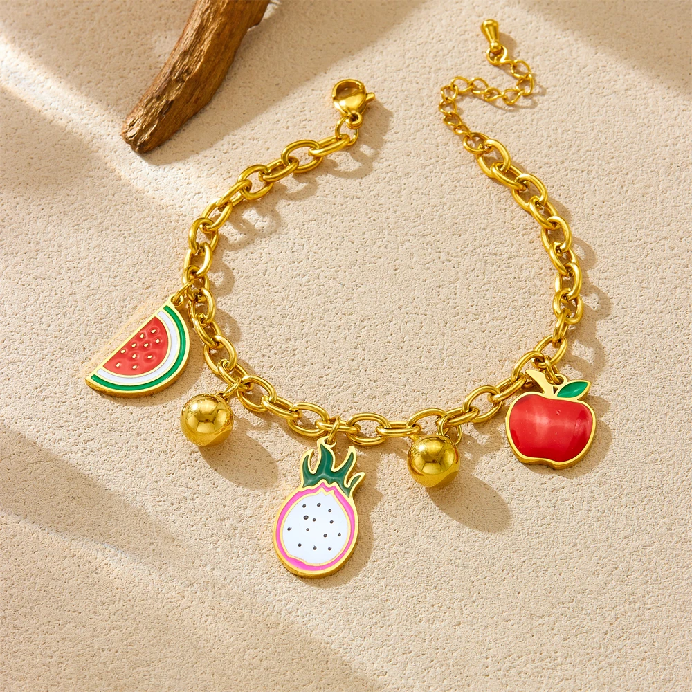 316L Edelstahl Armband mit süßem Drachenfrucht-Kirschrot-Emaille-Anhänger für Damen, modischer, wasserdichter Schmuck, Geschenk für Partys
