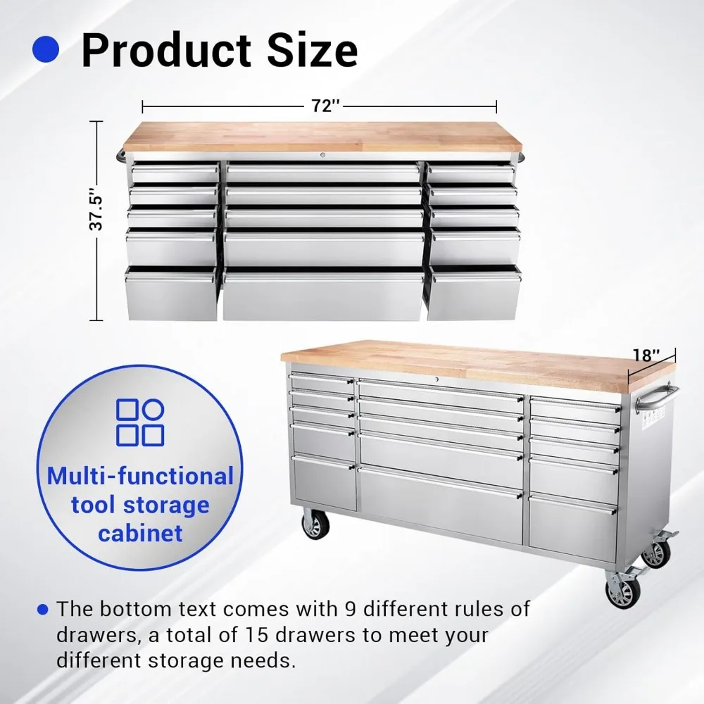 72 inch Tool Chest Tool Box Mobile 15 Drawers Storage Rolling Cabinet with Wheels Lock Key Locking System Drawer Liners