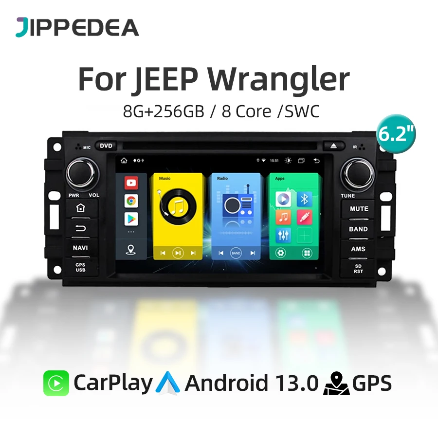 Android 13.0 8G 256G Car Multimedia Player CarPlay GPS Navigation 4G WiFi Stereo Radio For JEEP Cherokee Wrangler Dodge Caliber