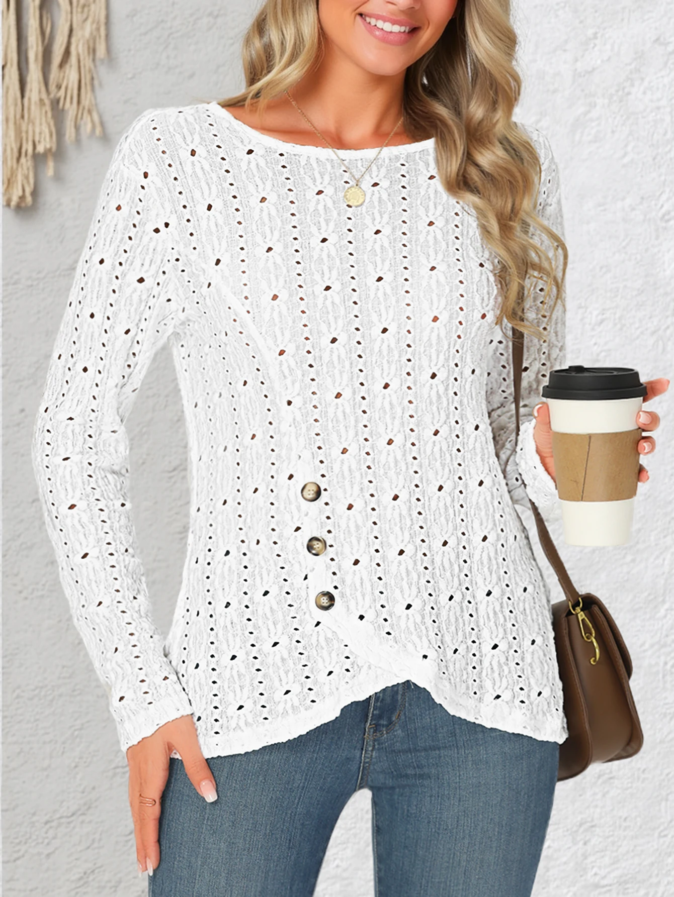 Women's autumn and winter cross hem white long-sleeved round neck T-shirt